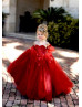 Sweetheart Neck Beaded Red Floral Flower Girl Dress With Removable Sleeves